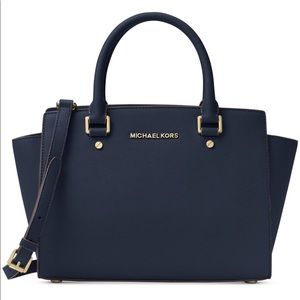 Authentic Michael Kors L Selma Satchel, Navy Blue